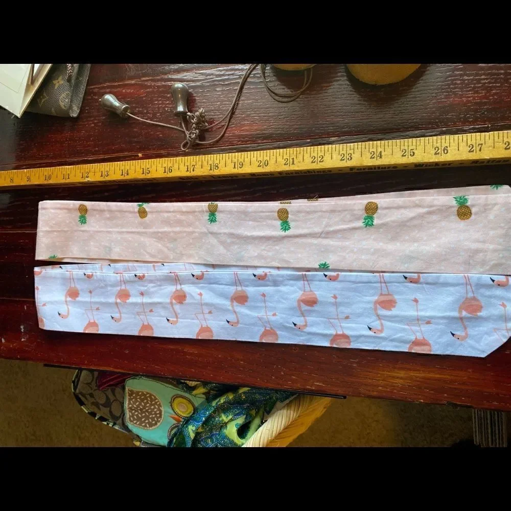 Tropical long thin white scarf with pink flamingos, also peach with pineapples